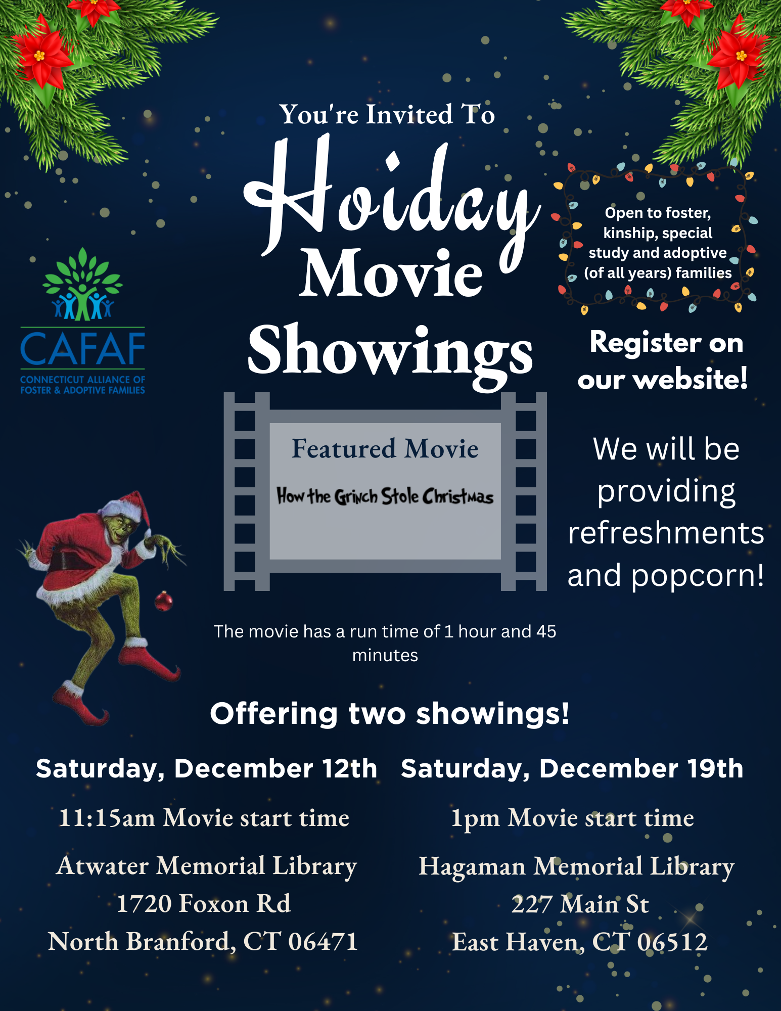 Holiday Movie Showings- December 12th and 19th